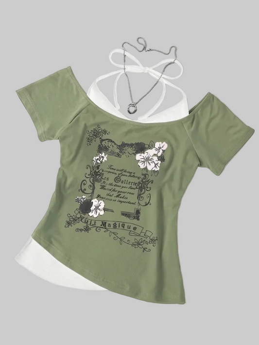 olive green graphic top