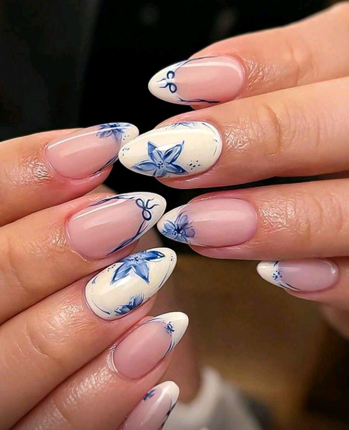blue flowers press on nails