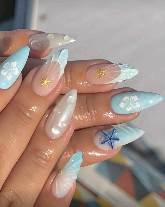 floral sea themed press on nails